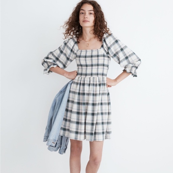 Madewell Lucie Elbow-Sleeve Smocked Mini Dress in Lebaum Plaid - Picture 1 of 9